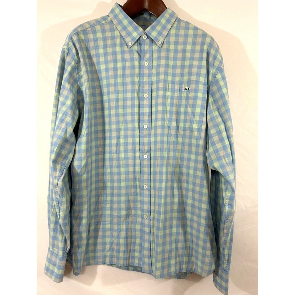 Fish Hippie Blue Green Cotton Gingham Plaid Button Down Casual Shirt Size XXL